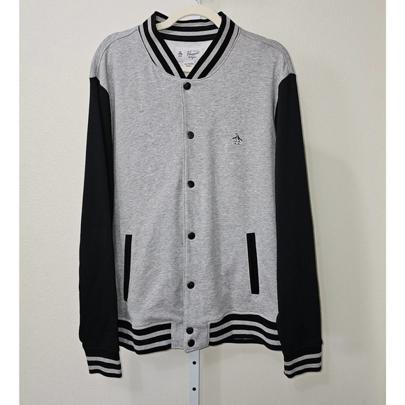 Original Penguin Other - PENGUIN Men's Varsity Gray & Black Rib Knit Button Closure Bomber Jacket Sz XL